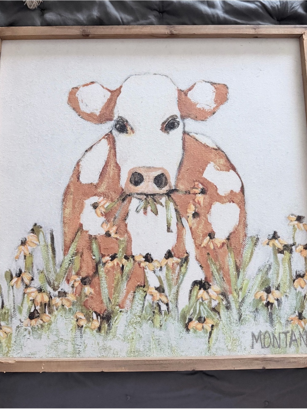 Creative Co-Op Brown and White Cow with Green Accents Canvas